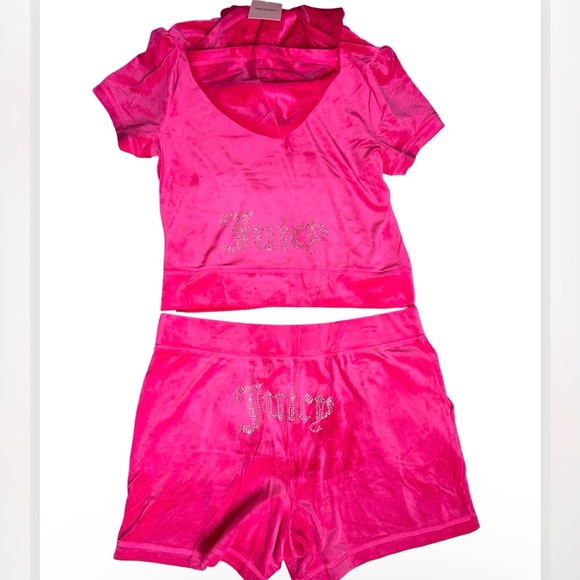 JUICY COUTURE OG BLING RHINESTONE VELOUR VIXEN PINK SHORT-SLEEVE & SHORT SET NWT - Picture 5 of 16